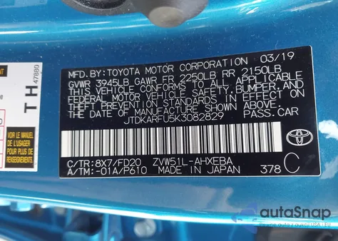 2019 Toyota Prius Le z USA, uszkodzony, nr VIN JTDKARFU5K3082829